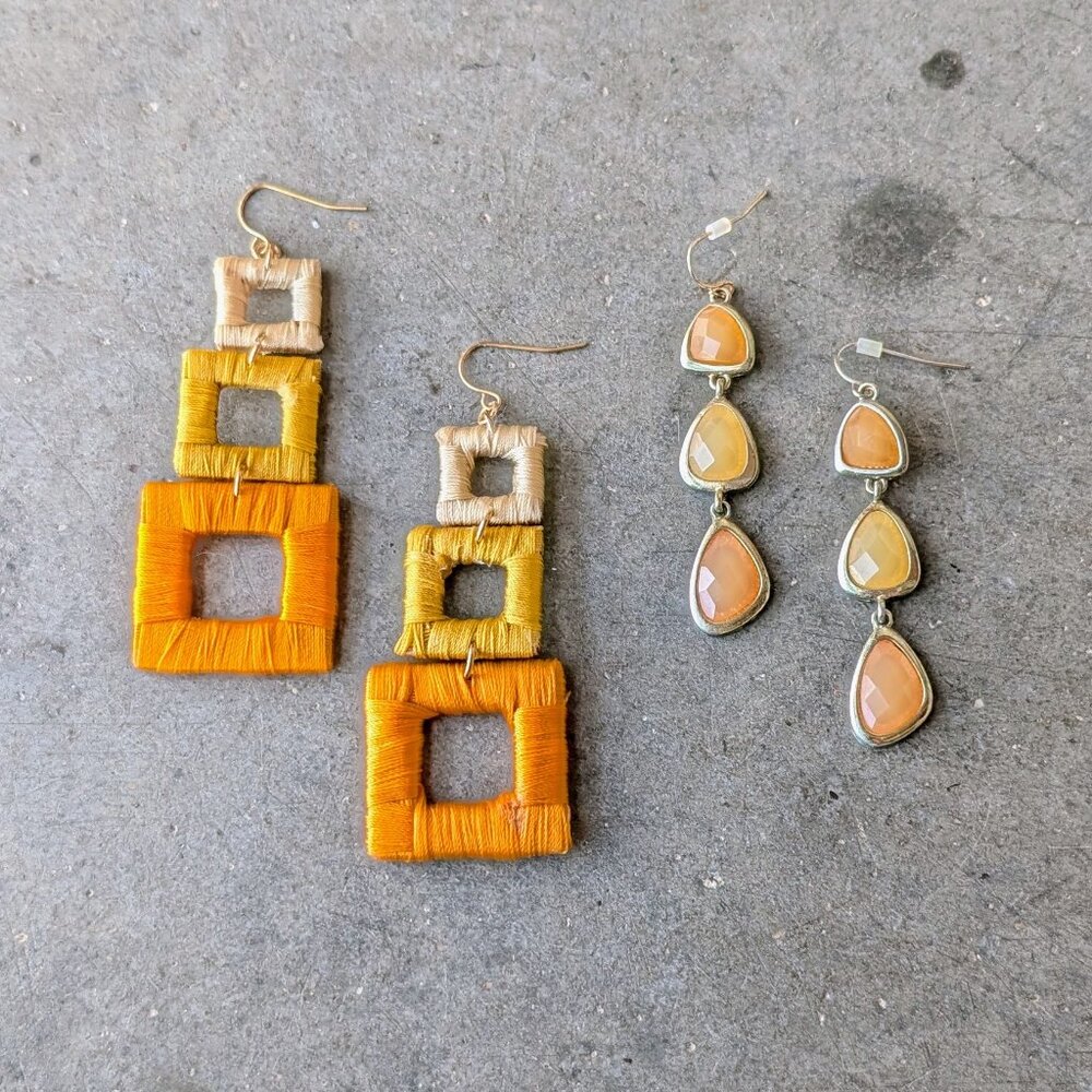Coastal Boho Mid Mod Orange Yellow Three Tiered Dangle Drop Earrings Set of Two